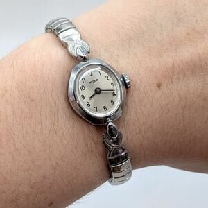 Vintage Acqua Silver Tone Ladies Mechanical Watch Stretch Band Tested Working